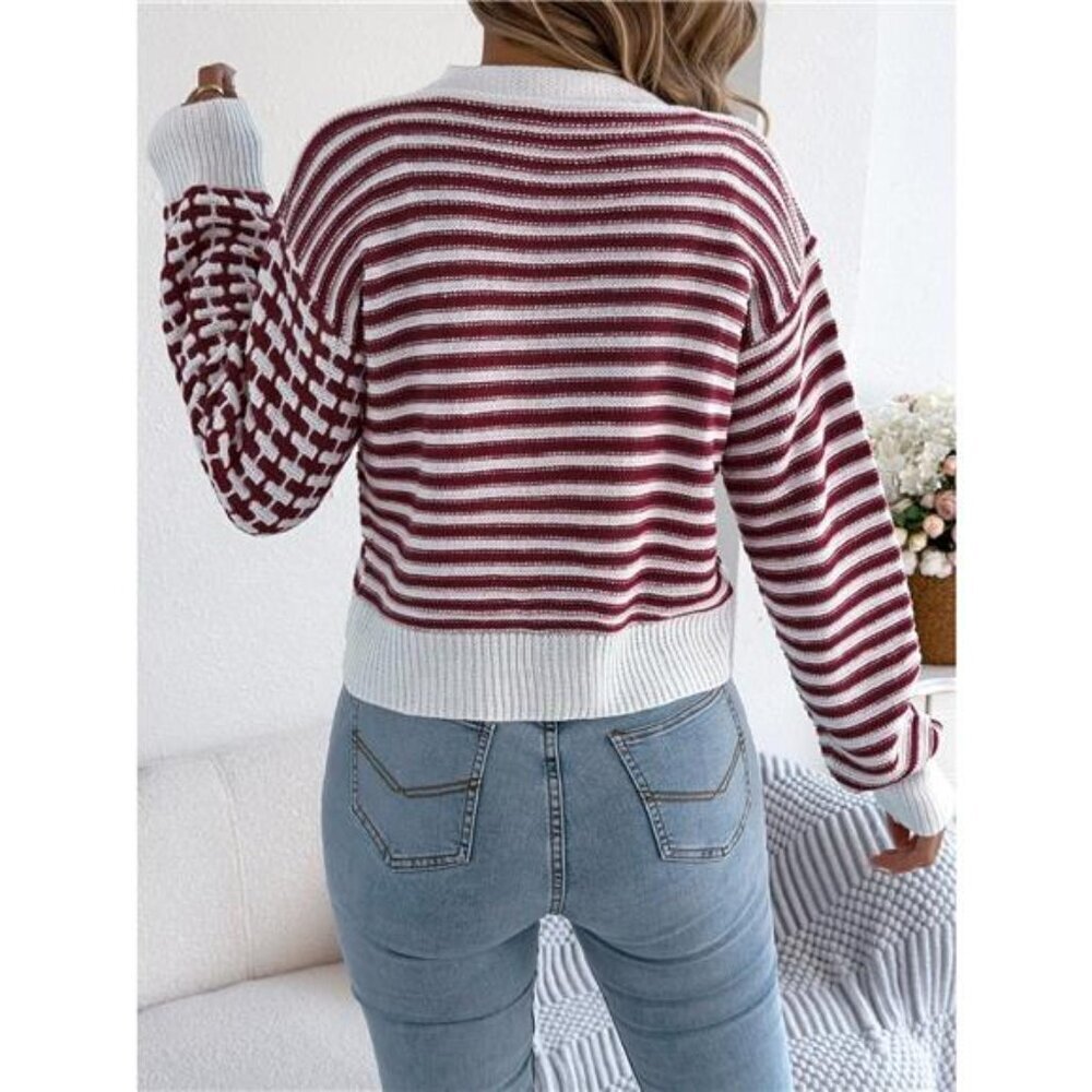 Striped Button-Up Cropped Cardigan - Picture 2 of 14